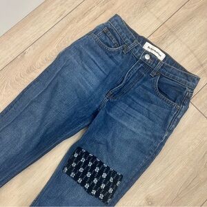 Reformation Julia High Cigarette Jean denim patches hippie boho jeans dark wash